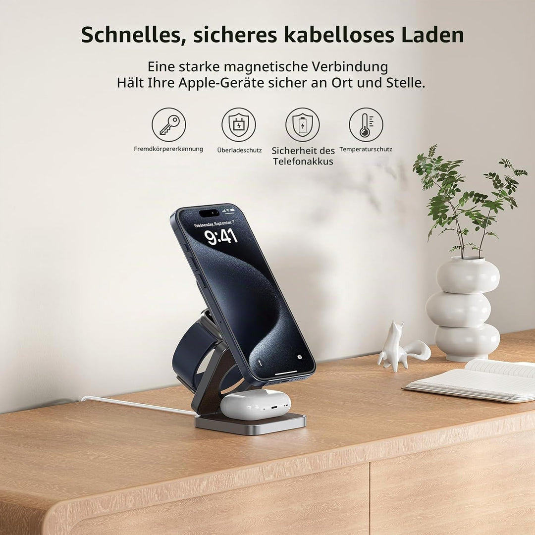 KU XIU X40 3-in-1 Induktive Ladestation – Kabelloses magnetisches Ladegerät, Faltbares Reiseladegerä