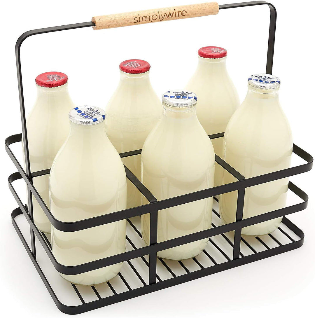 simplywire – Retro-6er-Milchflaschenhalter – Weinflaschenträger – Schwarzer Flachdraht