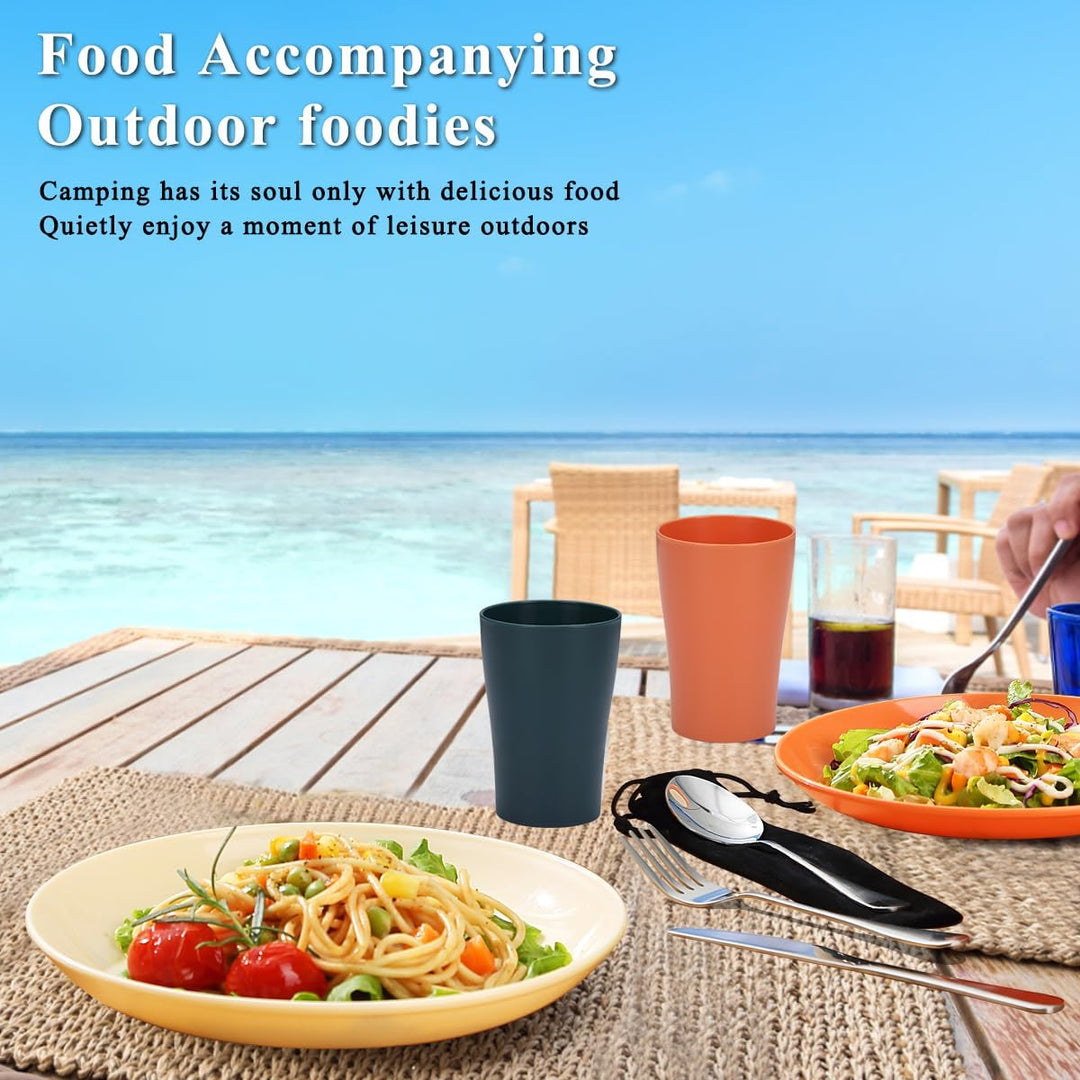 Kyraton Camping Besteck Set, wiederverwendbarer Leichter Becher, Schalen, Teller und Edelstahlbestec