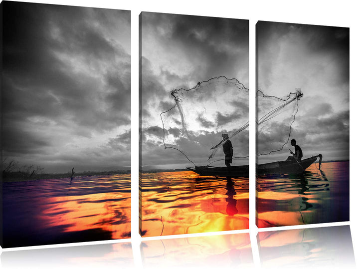 Angler angeln mit grossem Fangnetz auf See schwarz/weiss 3-Teiler Leinwandbild 120x80 Bild auf Leinw