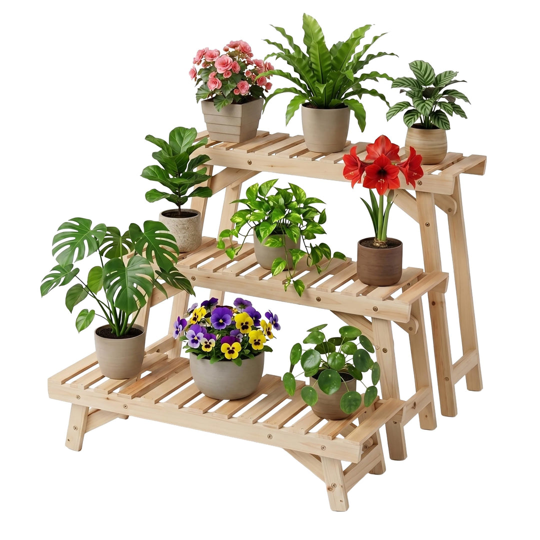 Relaxdays Blumenständer, 3-tlg. Set, Höhe: 19,5/33 /49 cm, natur | Tannenholz, indoor &amp; outdoor, Pfl