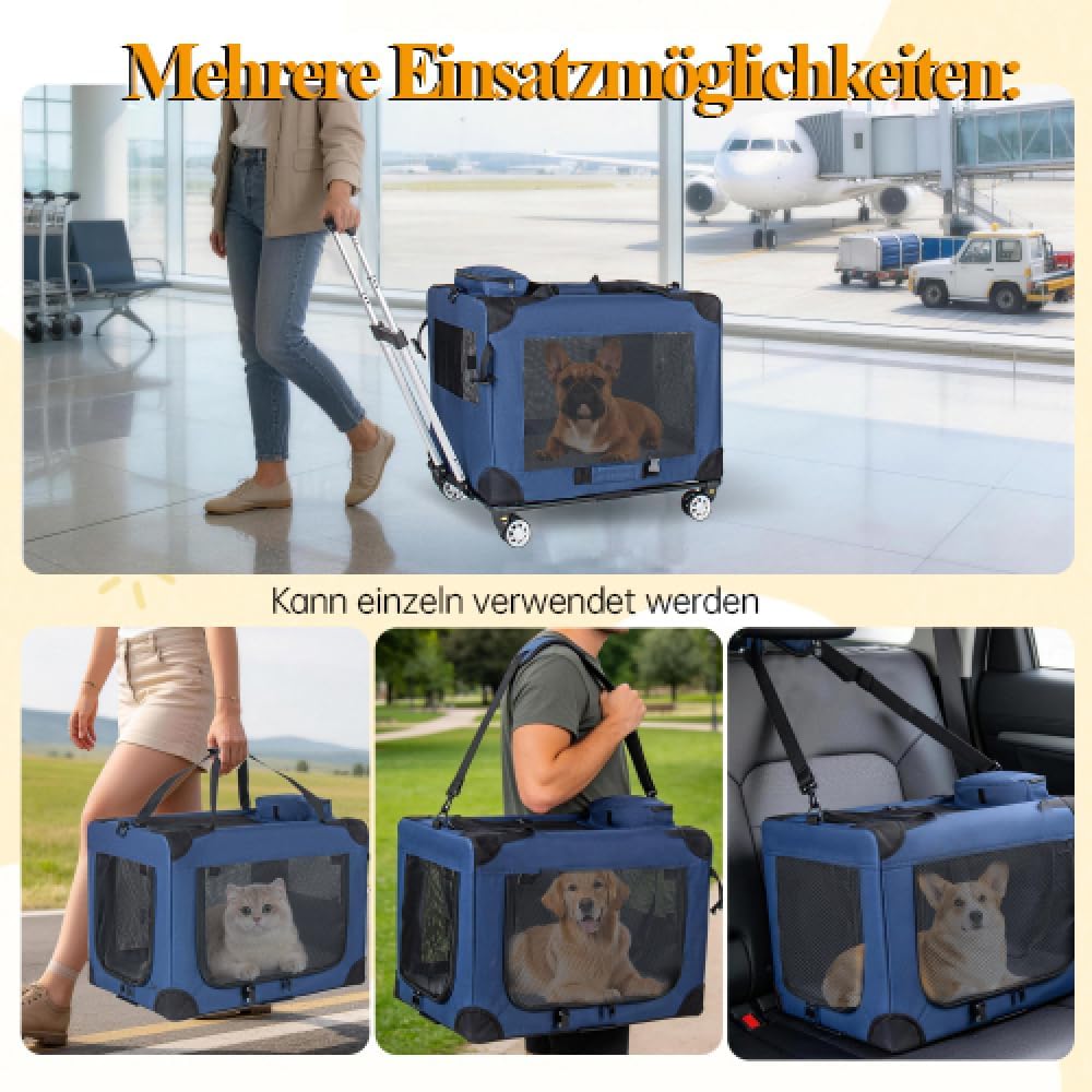 Dunkelblaue Tiertransportbox, 2-in-1 Faltbare Hundetransporttasche mit Rollen, Belüftete Haustierbox