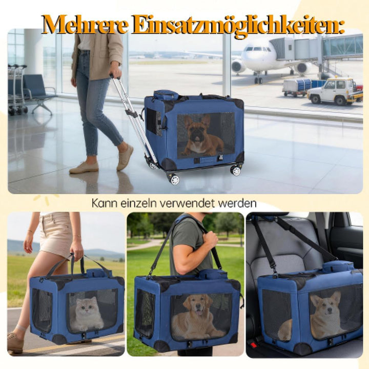 Dunkelblaue Tiertransportbox, 2-in-1 Faltbare Hundetransporttasche mit Rollen, Belüftete Haustierbox