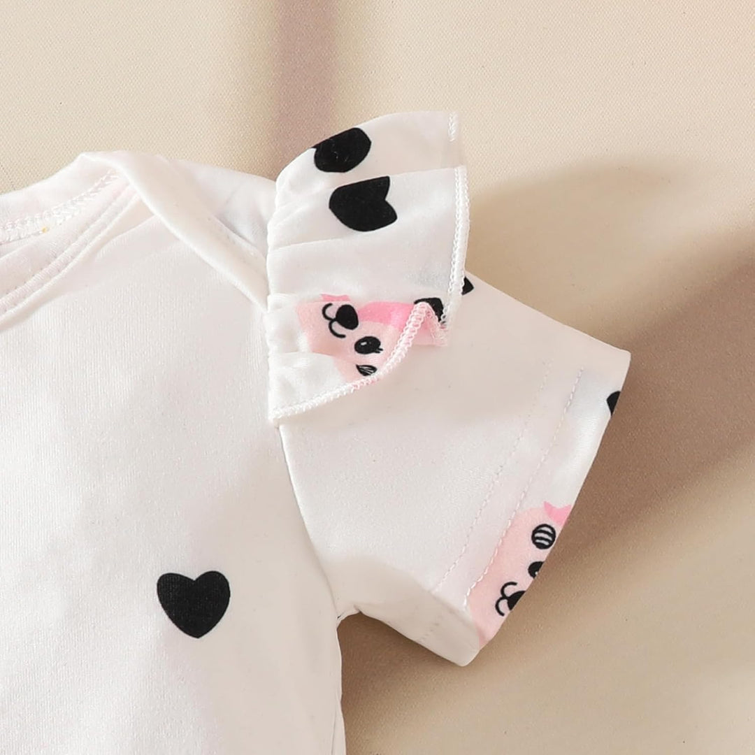Baby Outfits für Mädchen mit Herz Print kurzärmelig Strampler Hosenträgerrock Bären Kleid Schleife S