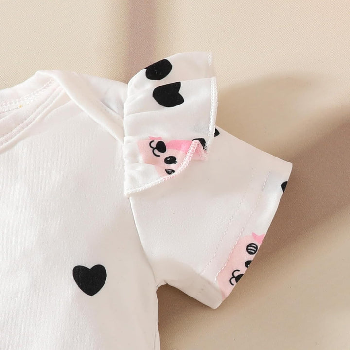 Baby Outfits für Mädchen mit Herz Print kurzärmelig Strampler Hosenträgerrock Bären Kleid Schleife S