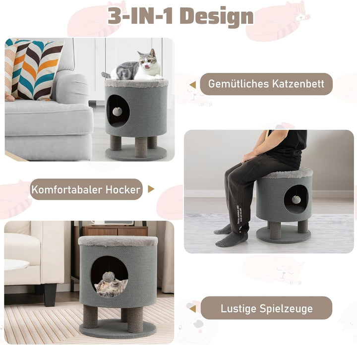 SOARS Kratztonne klein, Kratzbaum & Hocker, Katzenhöhle mit 3 Sisalstämmen & Spielball, Katzenbaum b