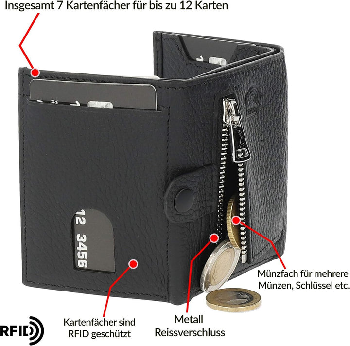 Solo Pelle NEU Slim Wallet mit Münzfach [12 Karten] Slimwallet Riva [RFID-Schutz] Kartenetui mit Mün