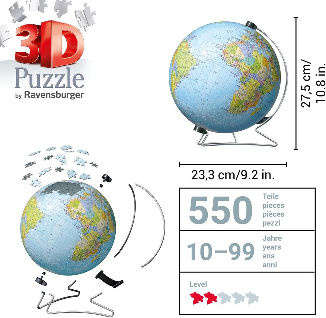 Ravensburger World Globe on a V-Stand 3D Jigsaw Puzzle for Adults and Kids Age 10 Years Up - 540 Pie