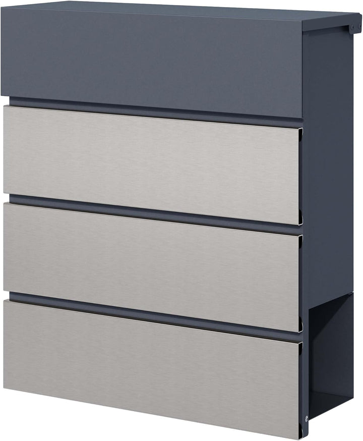 Briefkasten V64 Anthrazit und Edelstahl 410 x 130 x 370 mm, Wandbriefkasten mit Schloss, Soft Close