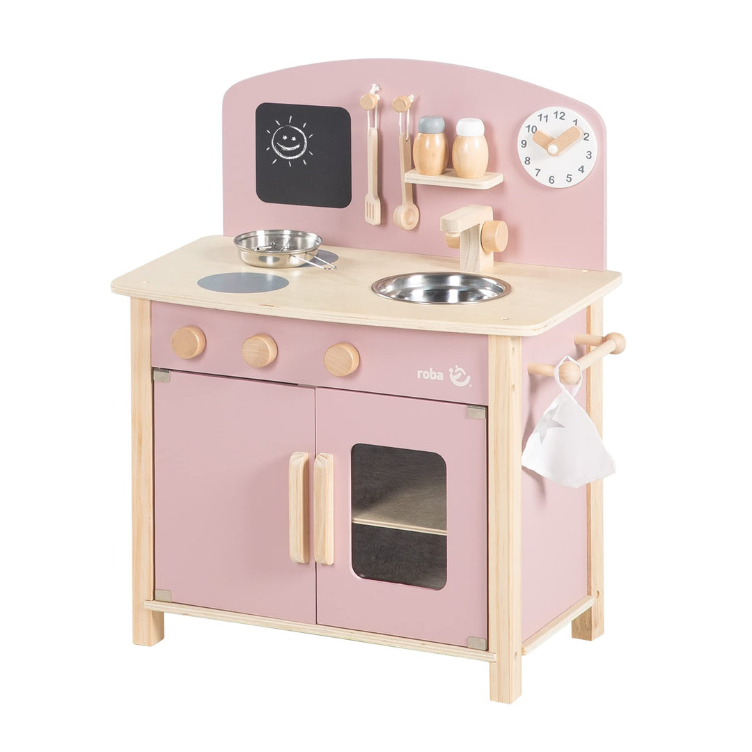 roba Spielküche, weiss, natur, mauve/rosa Spielzeug-Küchenzeile mit 2 Kochstellen, Spüle, Wasserhahn