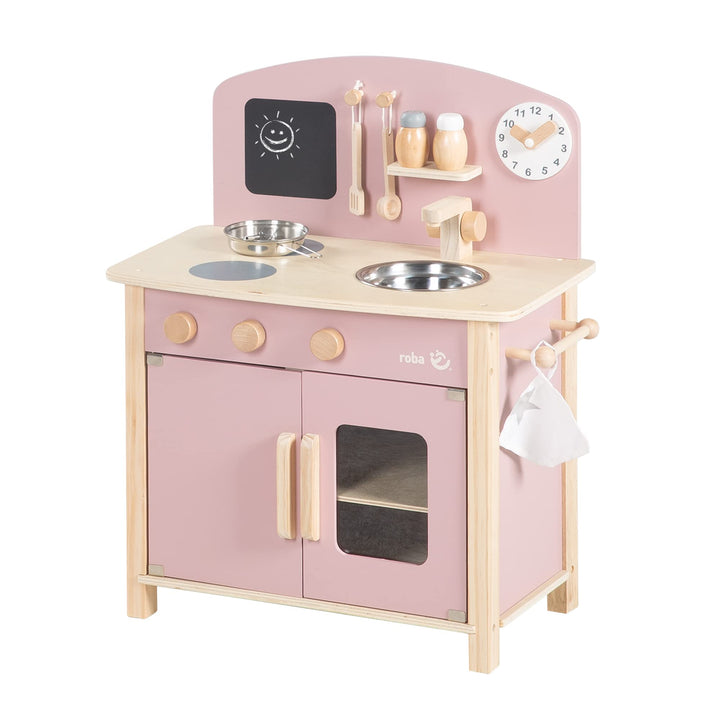 roba Spielküche, weiss, natur, mauve/rosa Spielzeug-Küchenzeile mit 2 Kochstellen, Spüle, Wasserhahn