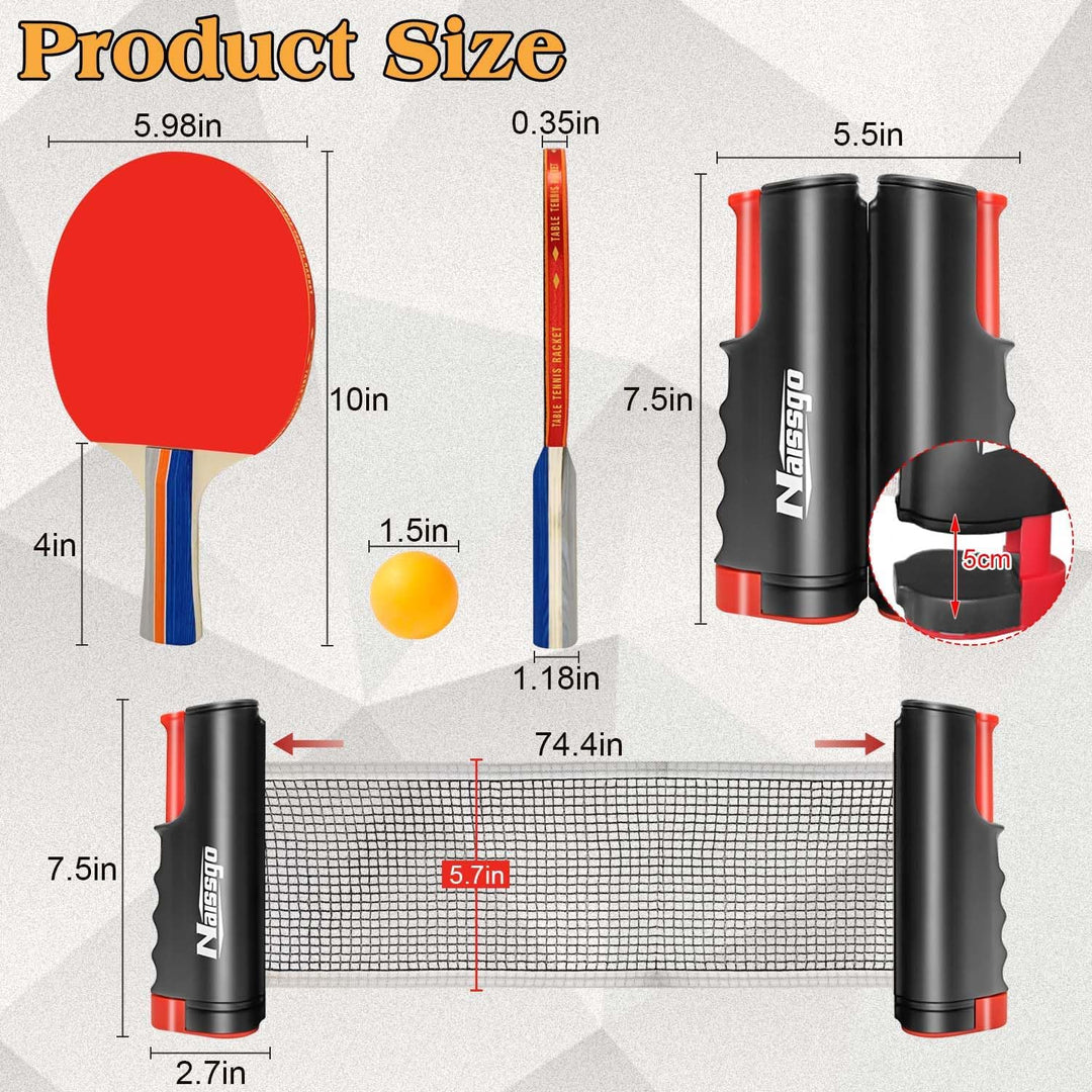 Tischtennis-Set,Tischtennisschläger Profi, 2 Tischtennisschläger, 1 Einziehbarem Netz,8Tischtennis-B