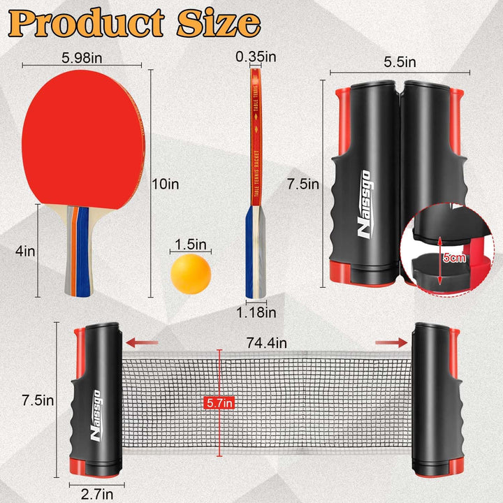 Tischtennis-Set,Tischtennisschläger Profi, 2 Tischtennisschläger, 1 Einziehbarem Netz,8Tischtennis-B