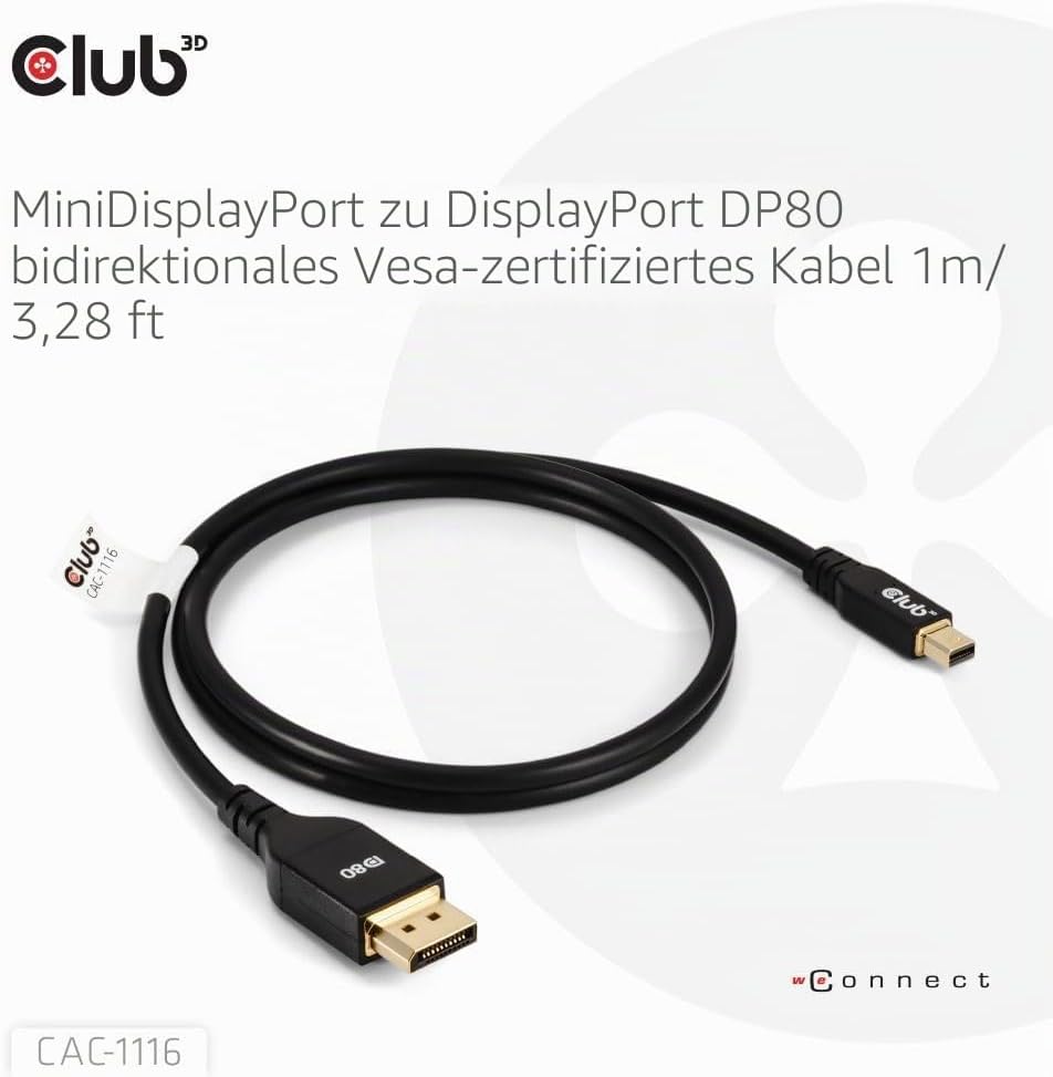Club3D CAC-1116 MiniDisplayPort to DisplayPort DP80 Bidirectional Vesa Certified Cable 1m/ 3.28 ft,