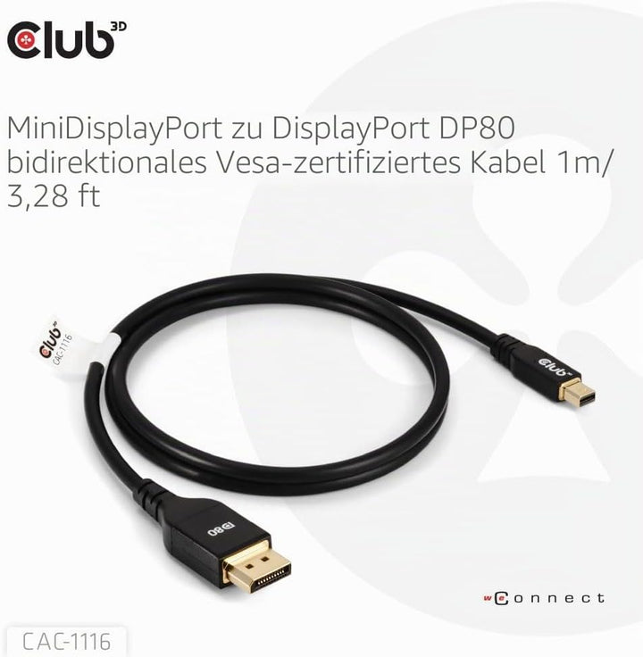 Club3D CAC-1116 MiniDisplayPort to DisplayPort DP80 Bidirectional Vesa Certified Cable 1m/ 3.28 ft,
