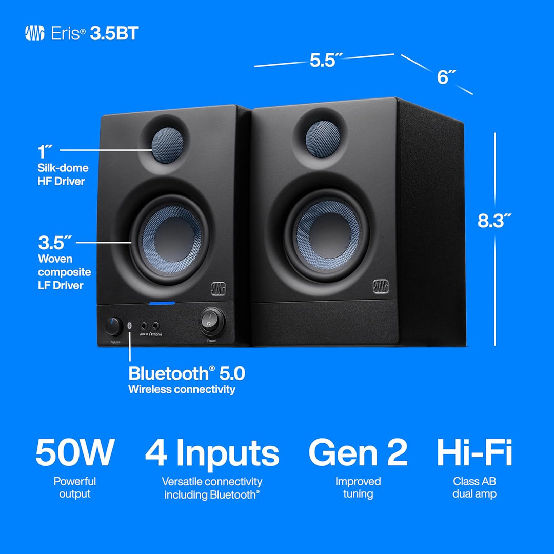 PreSonus Eris 3.5BT Gen 2 – 3,5" Desktop-Aktivlautsprecher mit Bluetooth für Multimedia, Gaming und