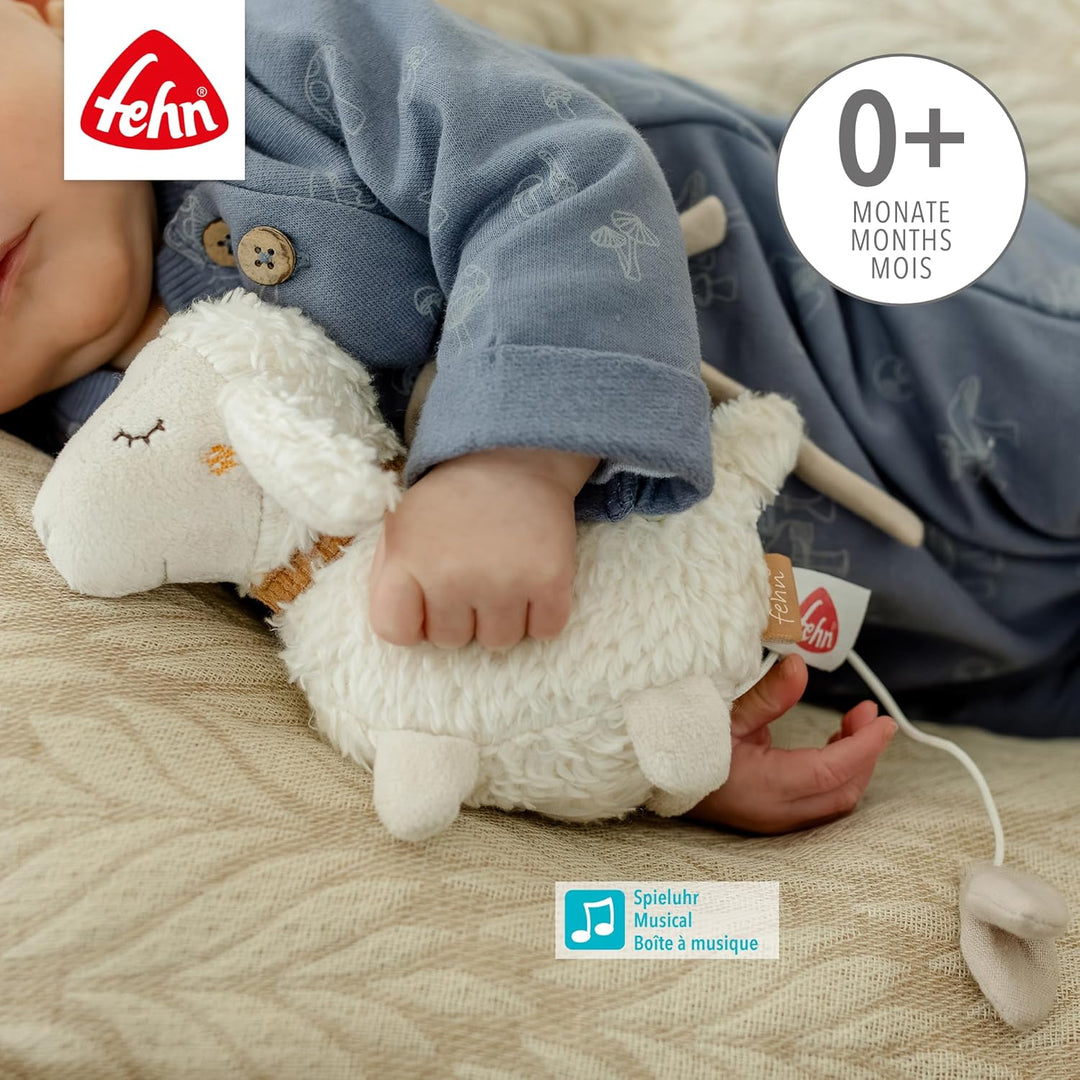 Fehn Mini-Spieluhr Schaf Natur – Kuscheltier & Einschlafhilfe mit Baumwolle aus biologischem Anbau –