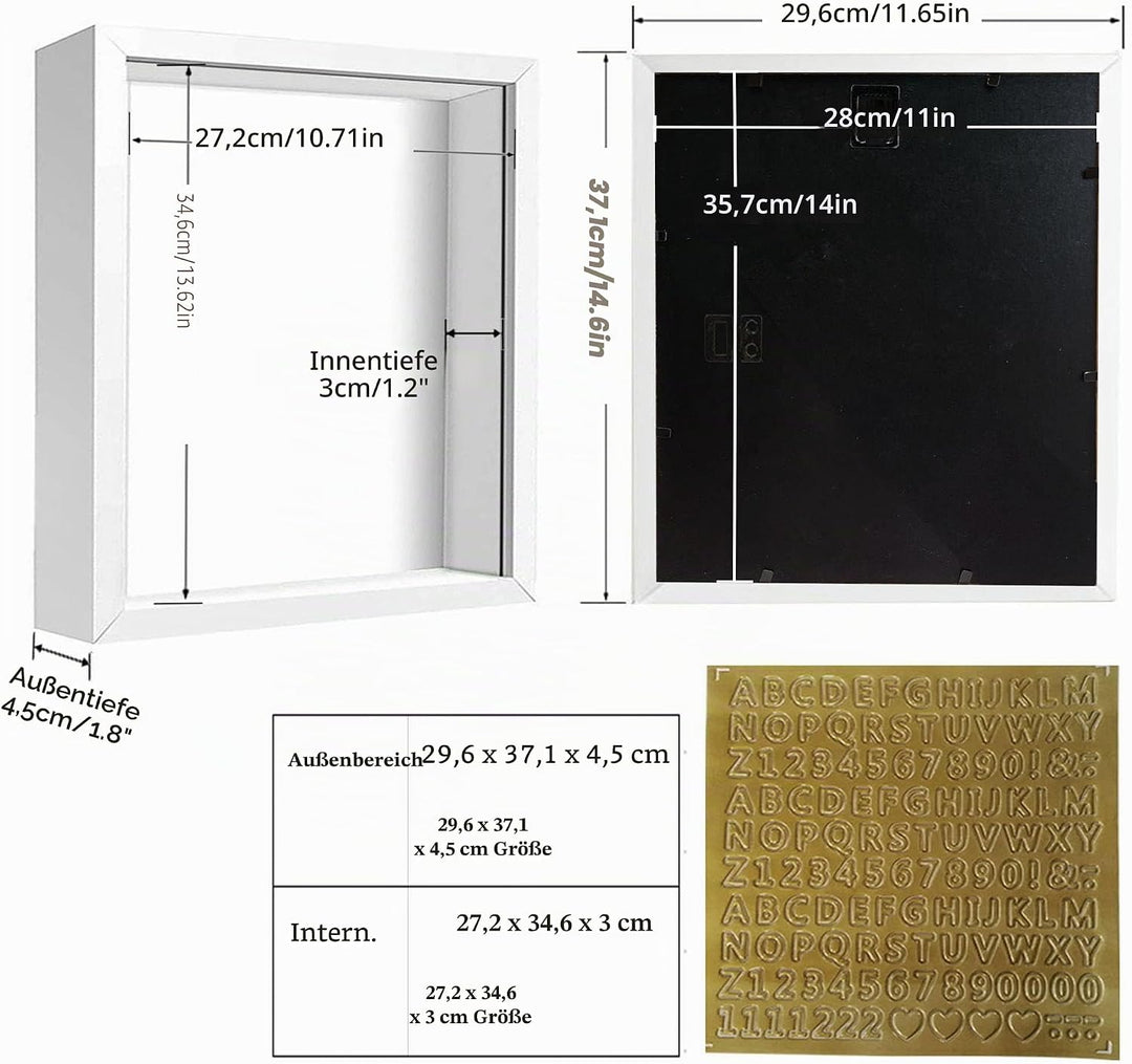sunmeg 3D Bilderrahmen zum Befüllen 28 x 36cm Bilderrahmen Tief 3D Objektrahmen Hölzern bis 3cm, 3D