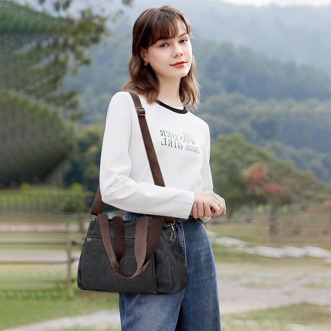 DIRRONA Canvas Tasche Damen – Vintage Handtasche Damen, Grosse Umhängetasche mit Mehreren Fächern, V