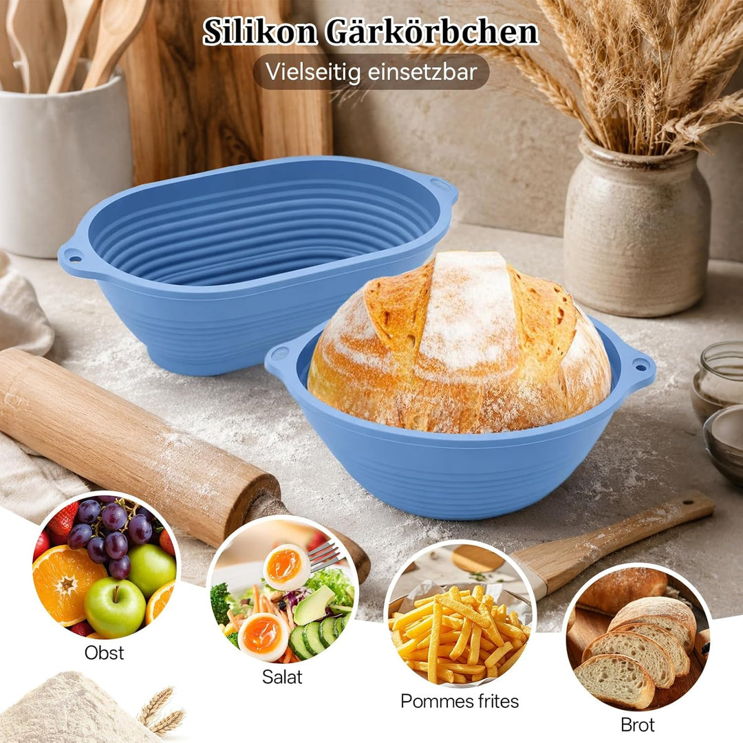 2 PCS Brot Gärkorb Silikon, 29 cm Gärkorb Oval und 23 cm Gärkorb Brot Rund, Silikon Klappbare Gärkör