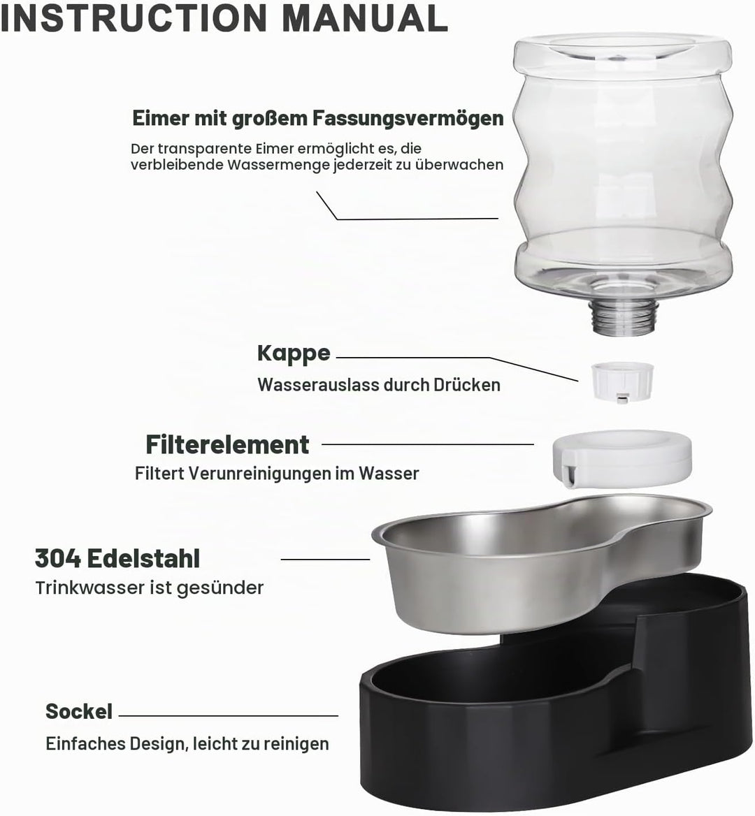 Sfozstra Automatischer Wasserspender durch Schwerkraft für Katzen: Edelstahl-Wassernapf schwarz 4 l,