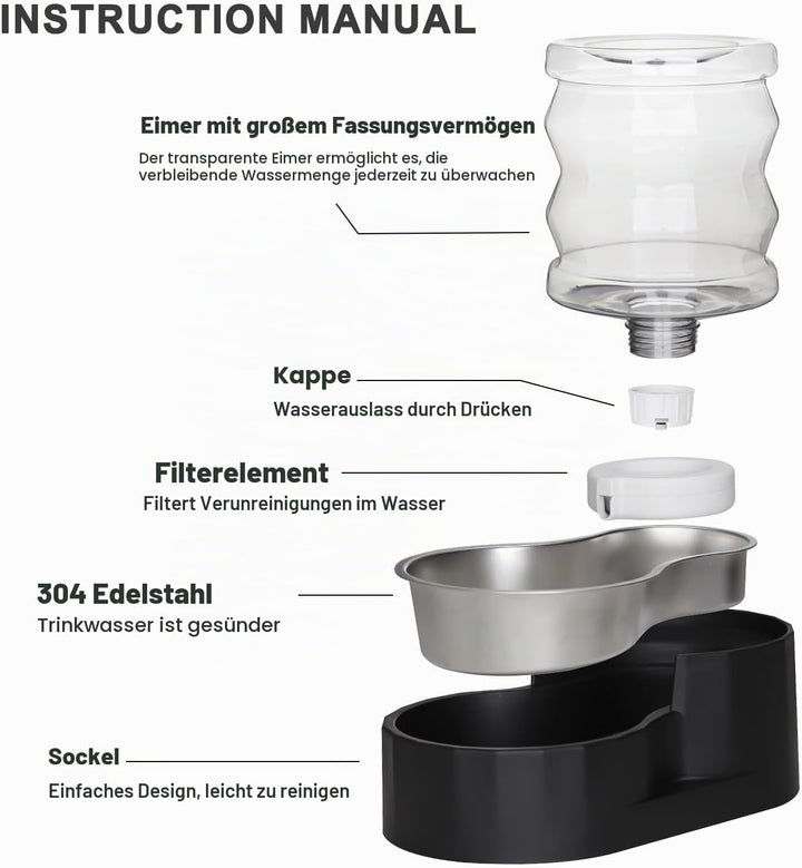 Sfozstra Automatischer Wasserspender durch Schwerkraft für Katzen: Edelstahl-Wassernapf schwarz 4 l,