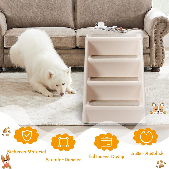 GOPLUS Hundetreppe mit 4 Stufen, Tragbare Tiertreppe aus Kunststoff, Klappbare Treppe für Haustiere,