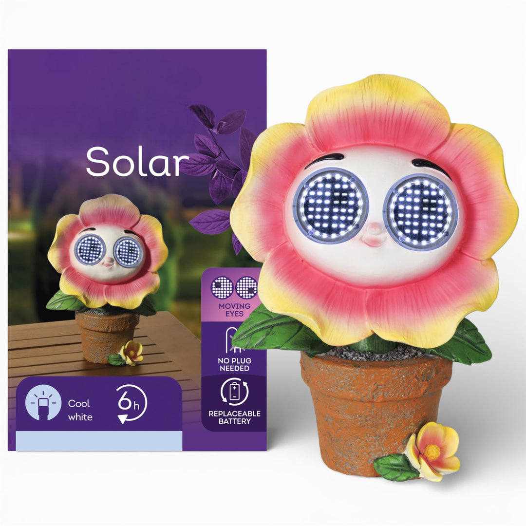 MIJOMA Solarfigur mit Moving Eyes – LED Gartenfigur aus Polyresin mit 8h Timer – Solarbetriebene Dek