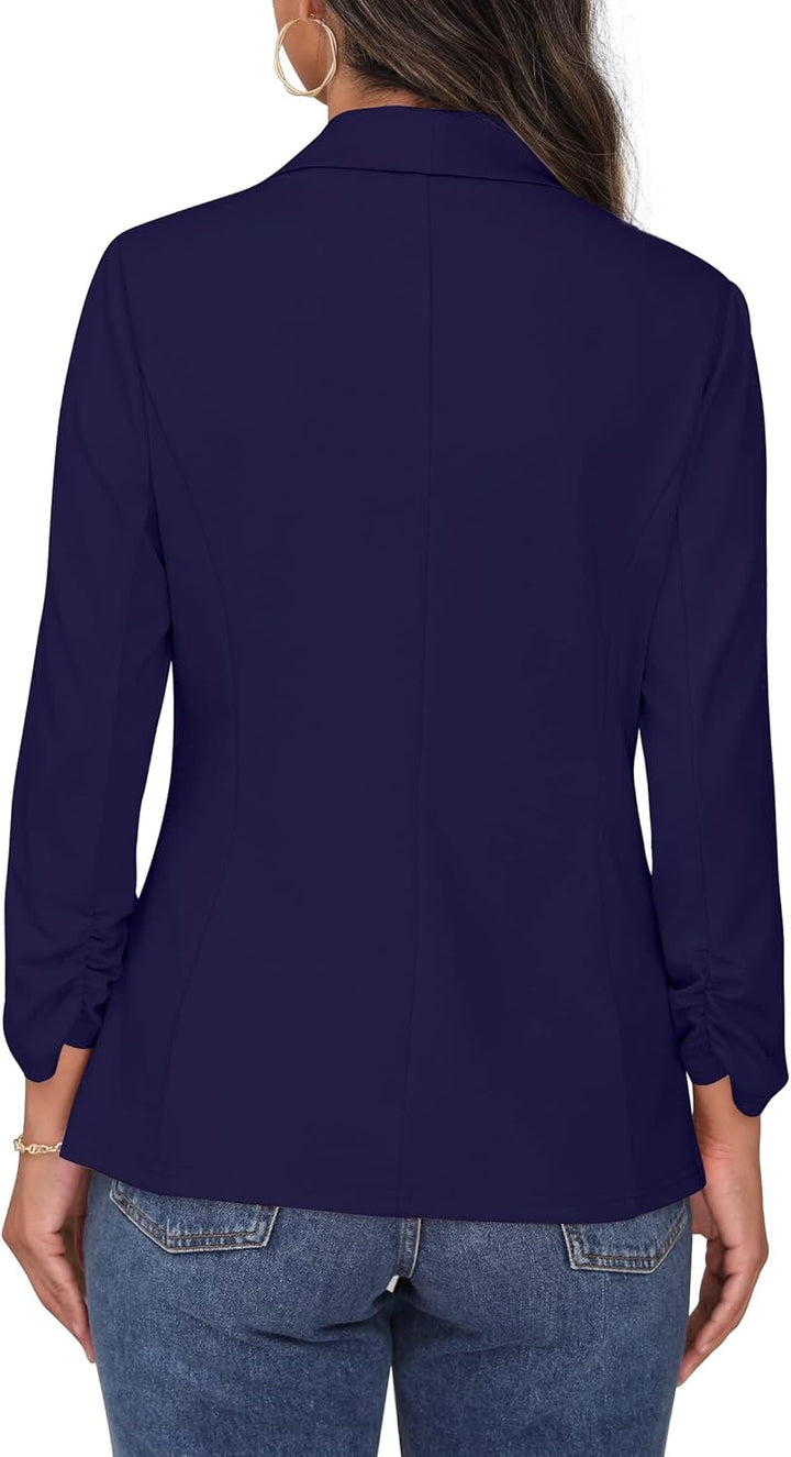 PrinStory Blazer Für Damen 3/4 Geraffte Ärmel Blazer Geschäft Büro Blazer Anzug Sportlich Jack Trenc