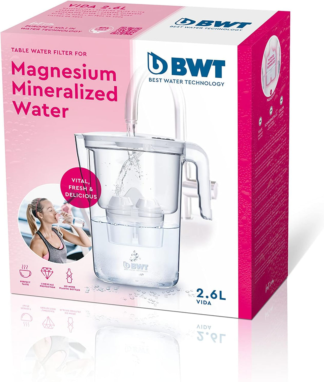 BWT - 814134 - Filterkartusche Magnesium Mineralized Water - 4 Stück im Set &amp; Tischwasserfilter Vida