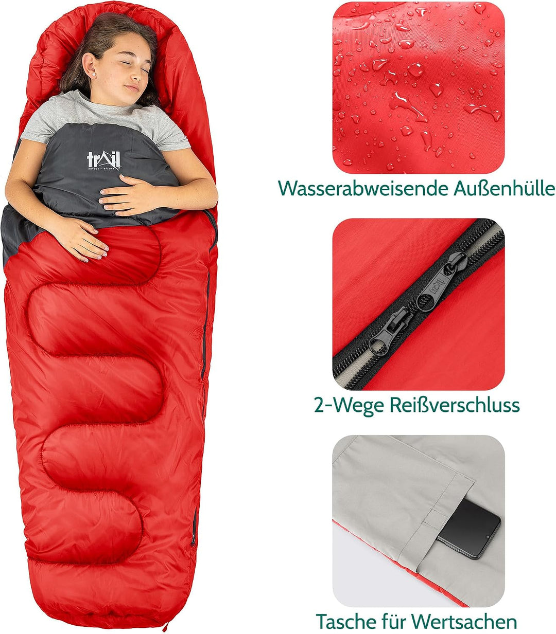 Trail Schlafsack Kinder Mumienschlafsack als Schlafsack 3 Jahreszeiten für Camping – 300gsm – für Ju