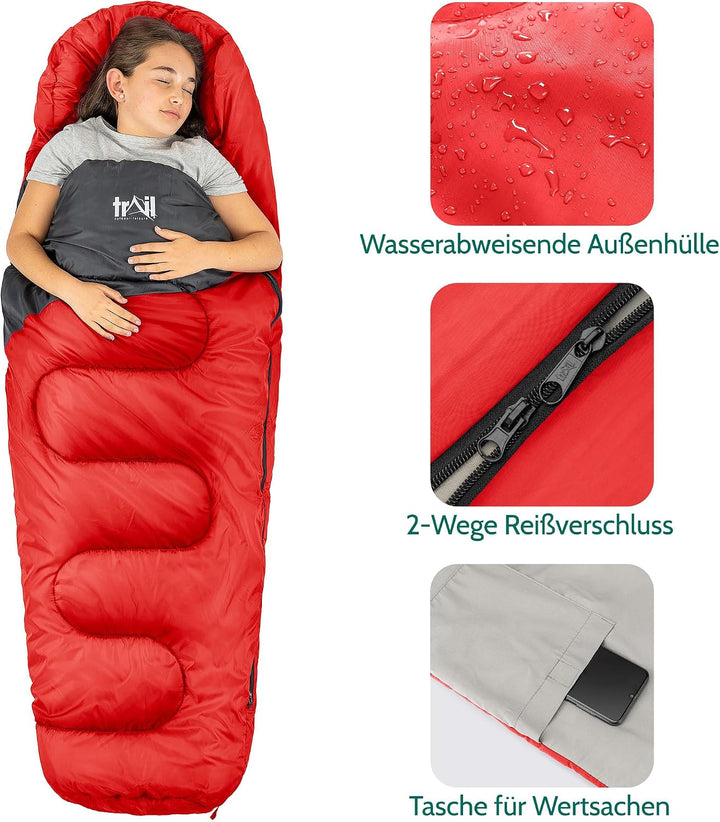 Trail Schlafsack Kinder Mumienschlafsack als Schlafsack 3 Jahreszeiten für Camping – 300gsm – für Ju