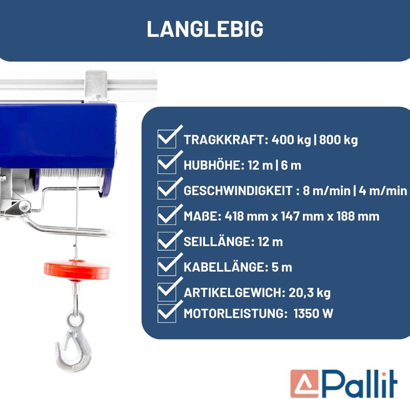 Pallit elektrische Seilwinde HOISTEXT | 400 kg/12 m | 800 kg/6 m | extralanges 5 m Kabel | inkl Kabe