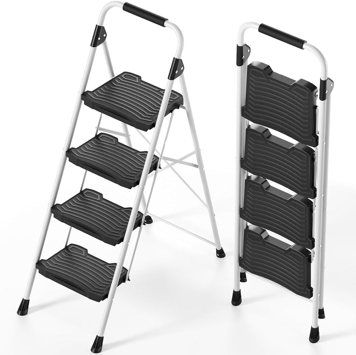 KINGRACK 4 Step Ladder, Sturdy Step Stool with Handrail, Anti-Slip Wide Pedals, Pass 900LBS Testing