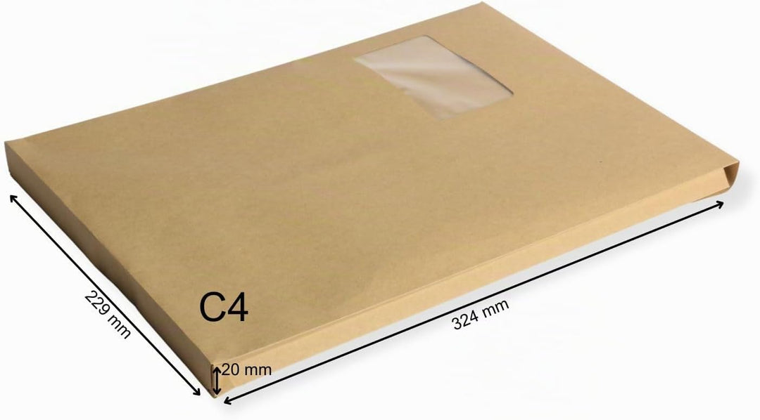 50 St. DIN C4 Faltenversandtaschen mit Fenster braun Stehboden und 20 mm Falte 130 gr. Kuvert 229x32
