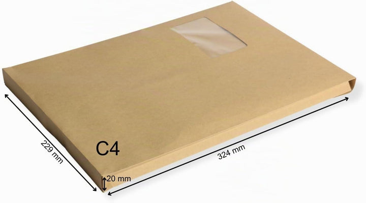 50 St. DIN C4 Faltenversandtaschen mit Fenster braun Stehboden und 20 mm Falte 130 gr. Kuvert 229x32