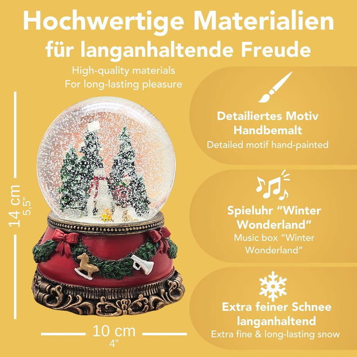 Schneekugel Schneemann Steht Kind auf Schlitten | Sockel Weihnachten rot Tannengirlande | mit Spielu