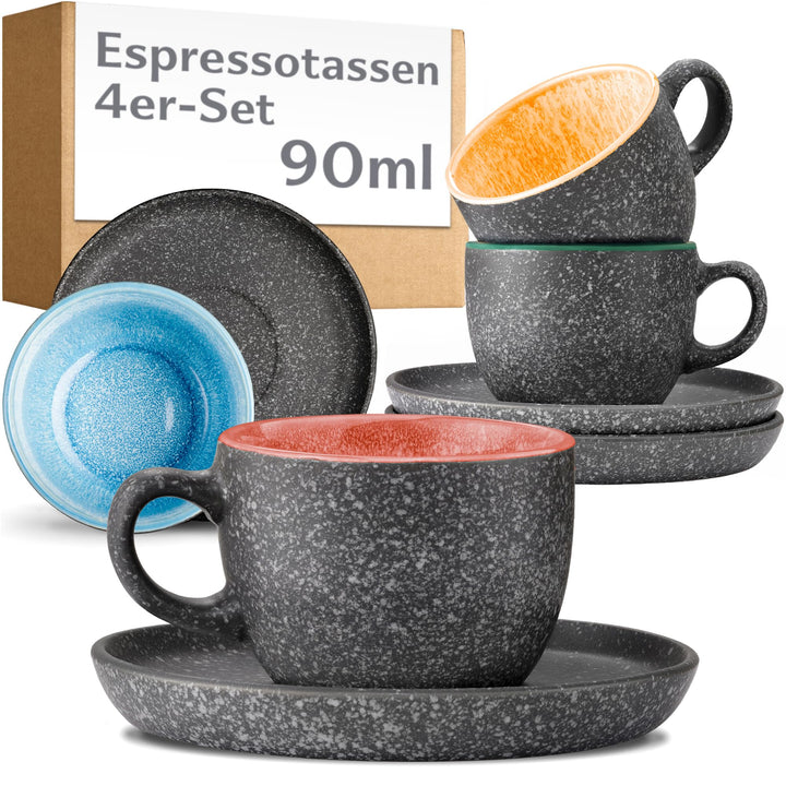 Cosumy 4er Set Espressotassen Bunt 90ml Steingut – mit Untertassen – Mokka | Handgefertigt mit reakt