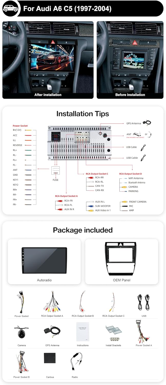 Android 15 Autoradio für Audi A6 C5 S6 / RS6 (1999-2006) - Eingebautes CarPlay Android Auto - KOSTEN
