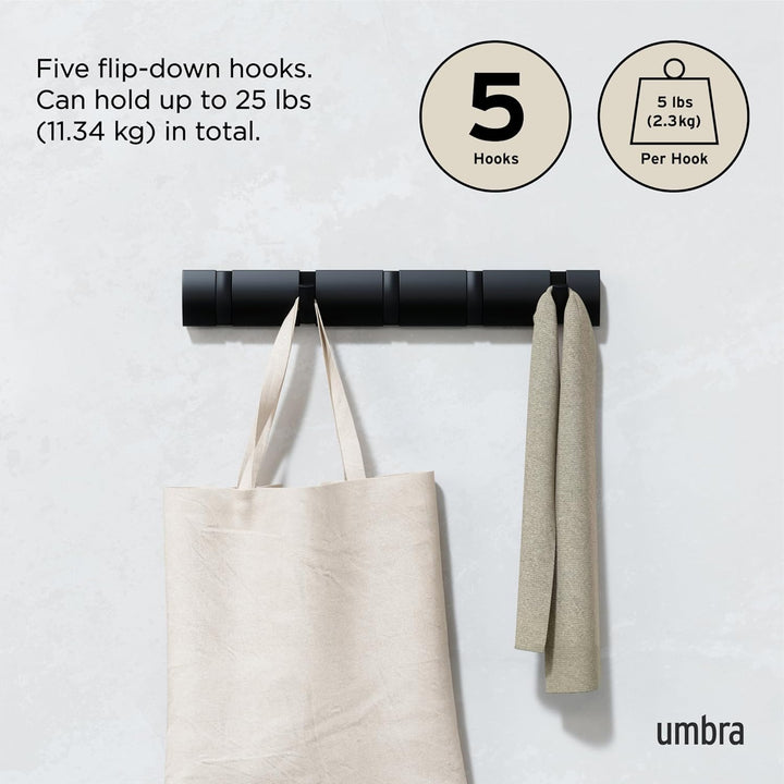 Umbra Flip 5 Garderobenhaken – Moderne, Schlichte und Platzsparende Garderobenleiste mit 5 Beweglich