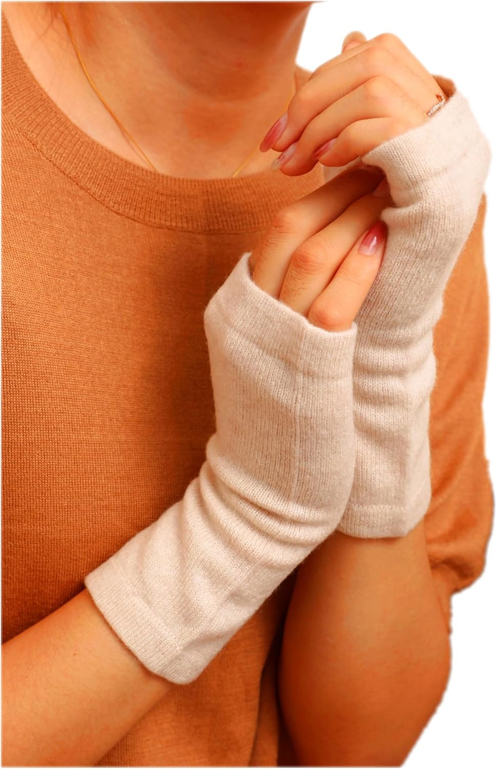 Kaschmir-Wolle Damen Pulswärmer fingerlose Handschuhe Hand-Stulpen 19 cm X 10 cm Hell-Beige, 19 cm X