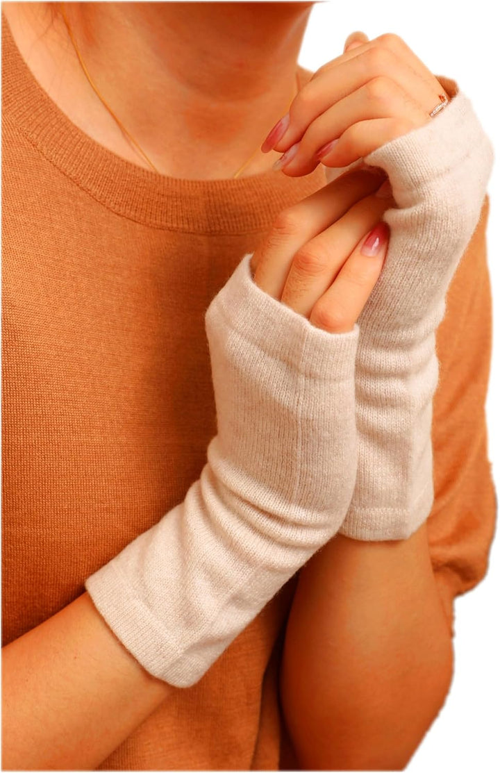 Kaschmir-Wolle Damen Pulswärmer fingerlose Handschuhe Hand-Stulpen 19 cm X 10 cm Hell-Beige, 19 cm X