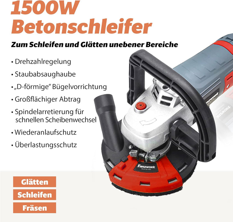 FANZWORK Betonschleifer Betonfräse Set mit Diamantschleiftopf und Absaughaube (1500W/125mm+), 1500W/