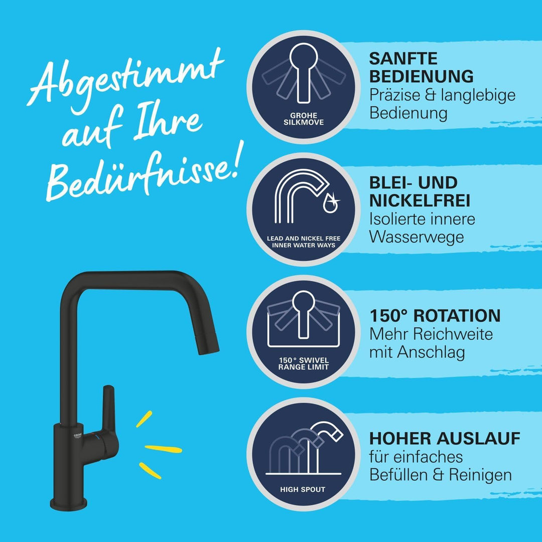 GROHE Start - Einhand-Spültischbatterie (Schwenkbereich 150°, Einlochmontage, hoher Auslauf), matt s