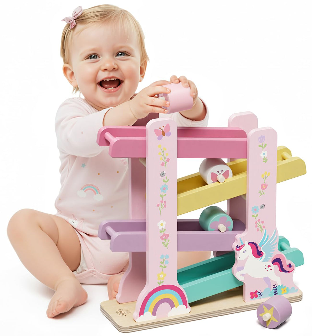 Lehoo Castle Kugelbahn Holz ab 1 Jahr, Einhorn Holz Kugelbahn, Montessori Spielzeug ab 1 Jahr, Holzs