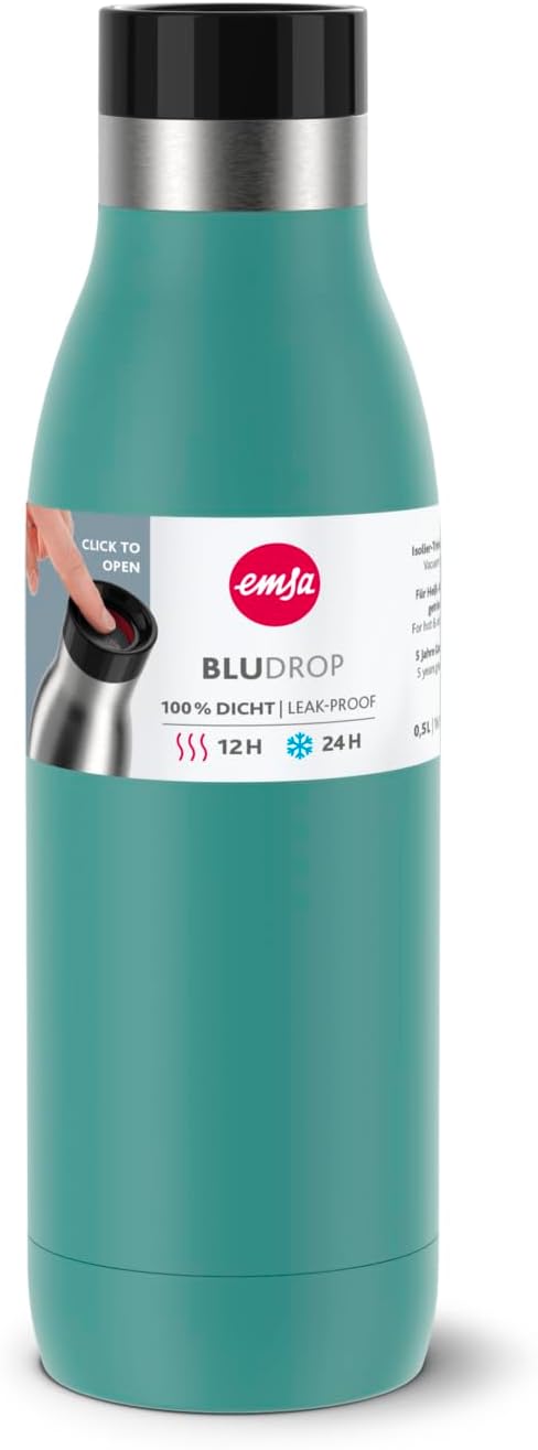 Emsa Bludrop Isolier-Trinkflasche, 0,5 Liter, 100% dicht, Quick-Press Verschluss, Ergonomischer 360°