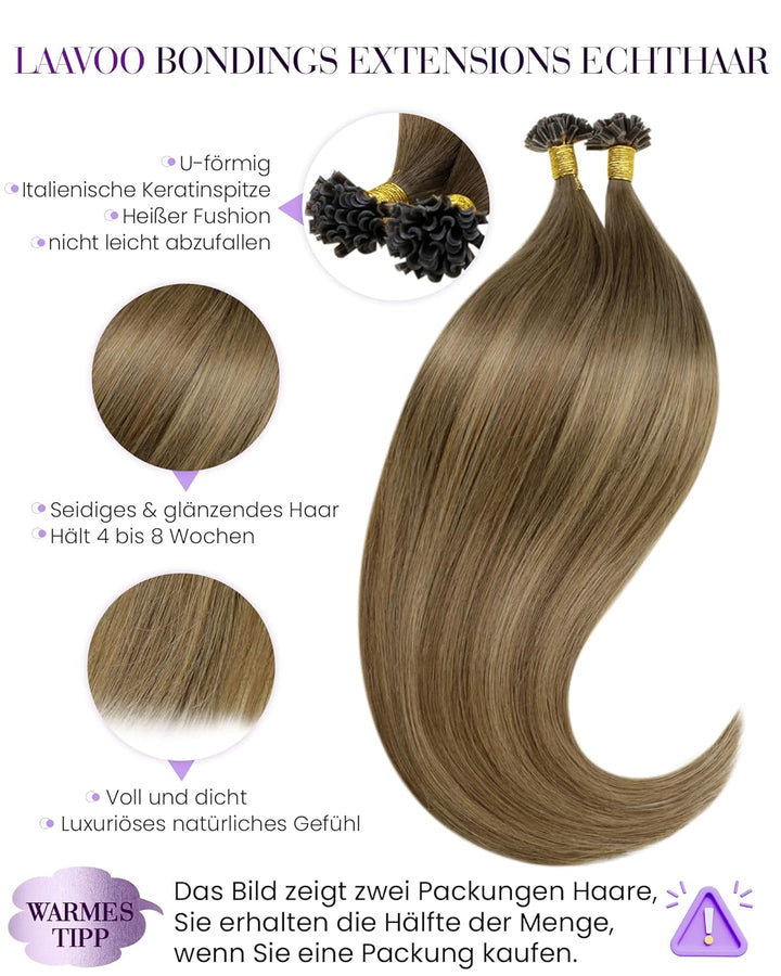 LaaVoo 22 Zoll Balayage Haarverlangerung Keratin U Tips Bonding Echthaar Extensions Remy Mittelbraun