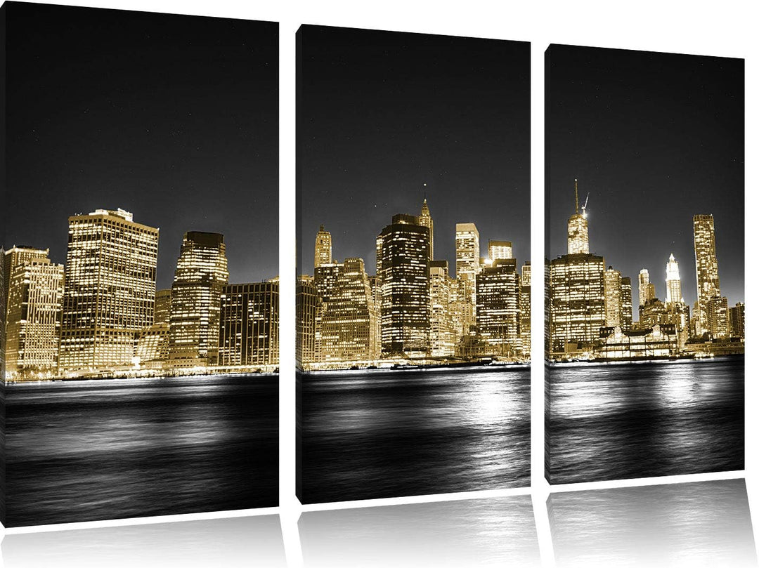 Manhattan Skyline bei Nacht schwarz/weiss 3-Teiler Leinwandbild 120x80 Bild auf Leinwand, XXL riesig