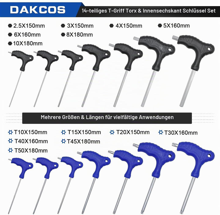 DAKCOS 14 tlg Torx Schlüssel Sechskantschlüssel Set mit T-Griff Innensechskant-Stiftschlüssel Torx-S