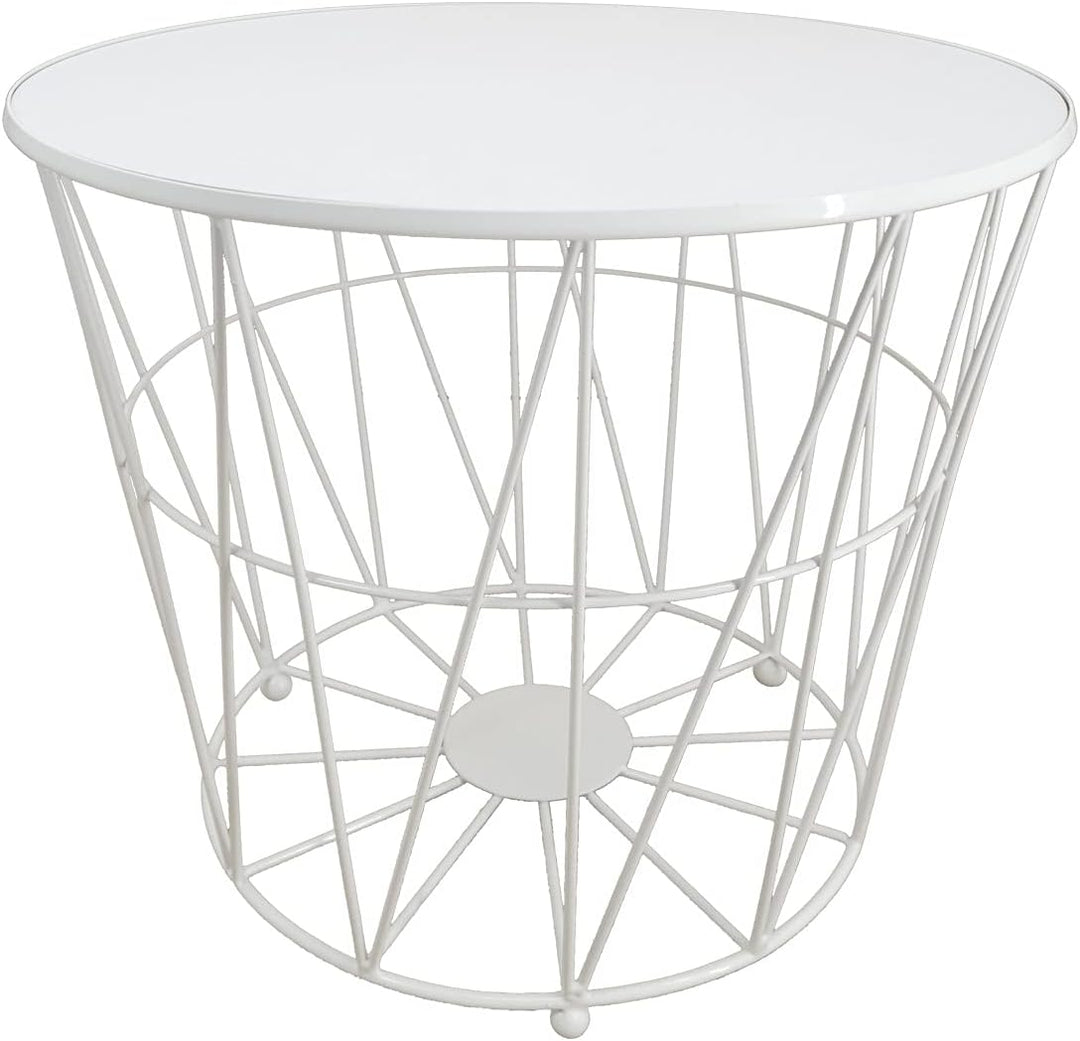 PrimoLiving Design Beistelltisch Weiss mit Deckel - Metall Drahtkorb mit Holzdeckel "Diagonal" P-840